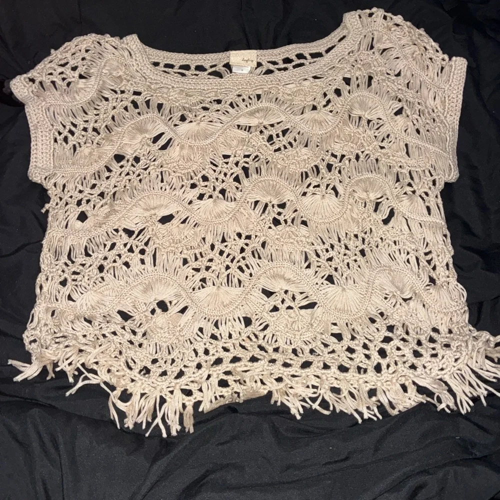 Daytrip Taupe Crochet Fringe Top